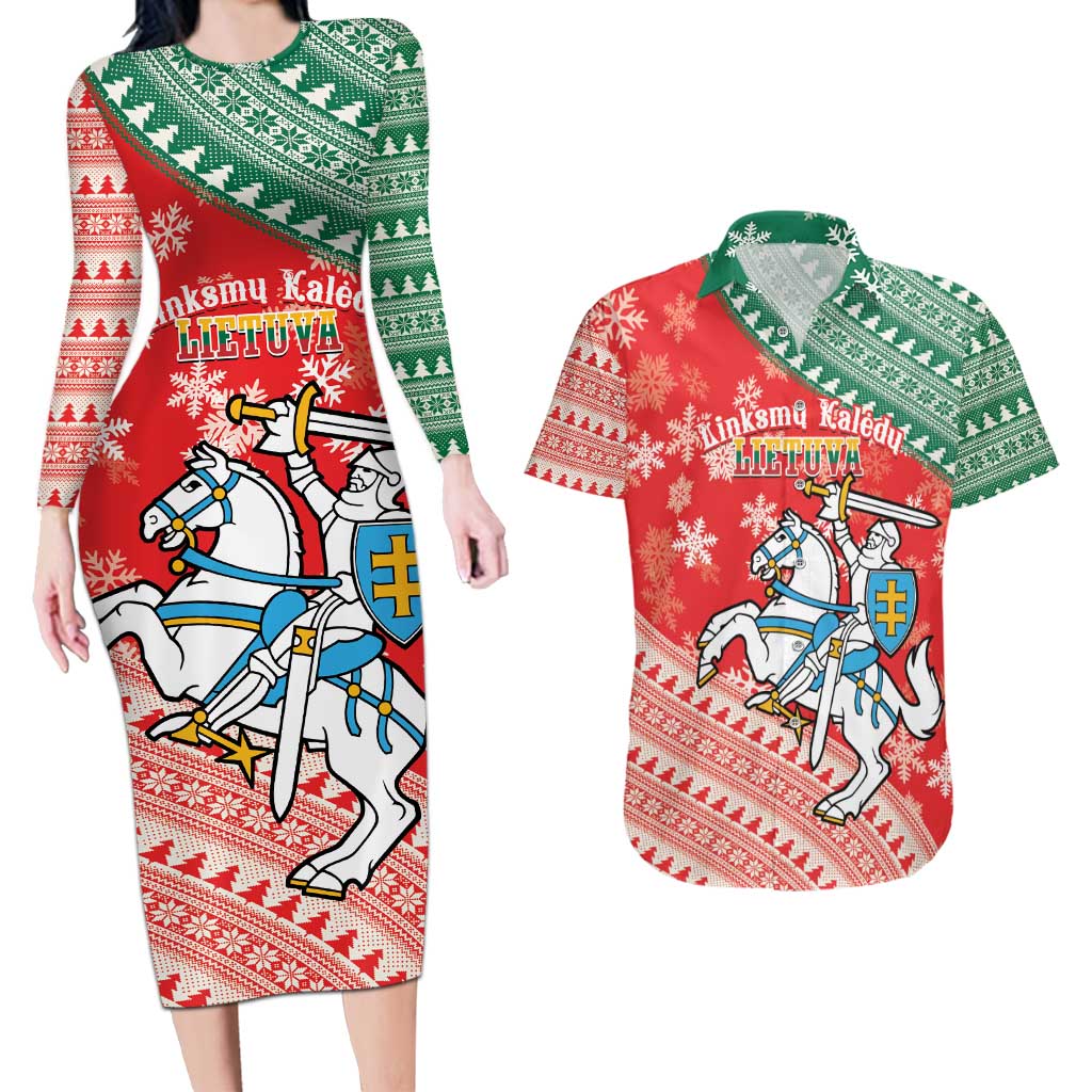 Lietuva Christmas Couples Matching Long Sleeve Bodycon Dress and Hawaiian Shirt Linksmu Kaledu - Lithuania Coat Of Arms - Wonder Print Shop