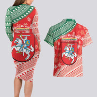 Lietuva Christmas Couples Matching Long Sleeve Bodycon Dress and Hawaiian Shirt Linksmu Kaledu - Lithuania Coat Of Arms - Wonder Print Shop