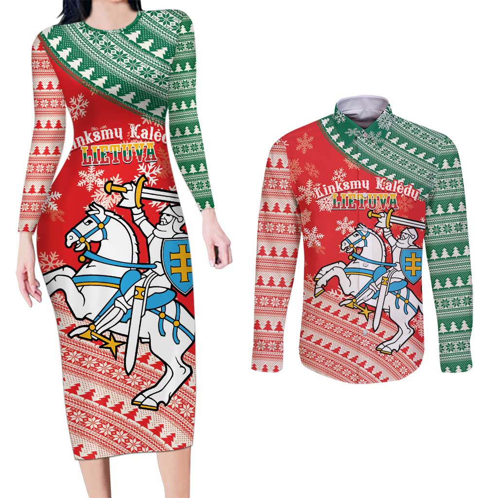 Lietuva Christmas Couples Matching Long Sleeve Bodycon Dress and Long Sleeve Button Shirt Linksmu Kaledu - Lithuania Coat Of Arms - Wonder Print Shop