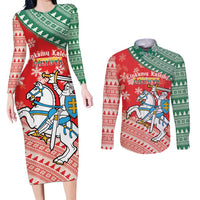 Lietuva Christmas Couples Matching Long Sleeve Bodycon Dress and Long Sleeve Button Shirt Linksmu Kaledu - Lithuania Coat Of Arms - Wonder Print Shop