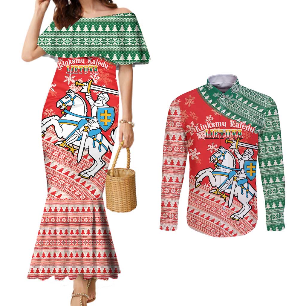 Lietuva Christmas Couples Matching Mermaid Dress and Long Sleeve Button Shirt Linksmu Kaledu - Lithuania Coat Of Arms
