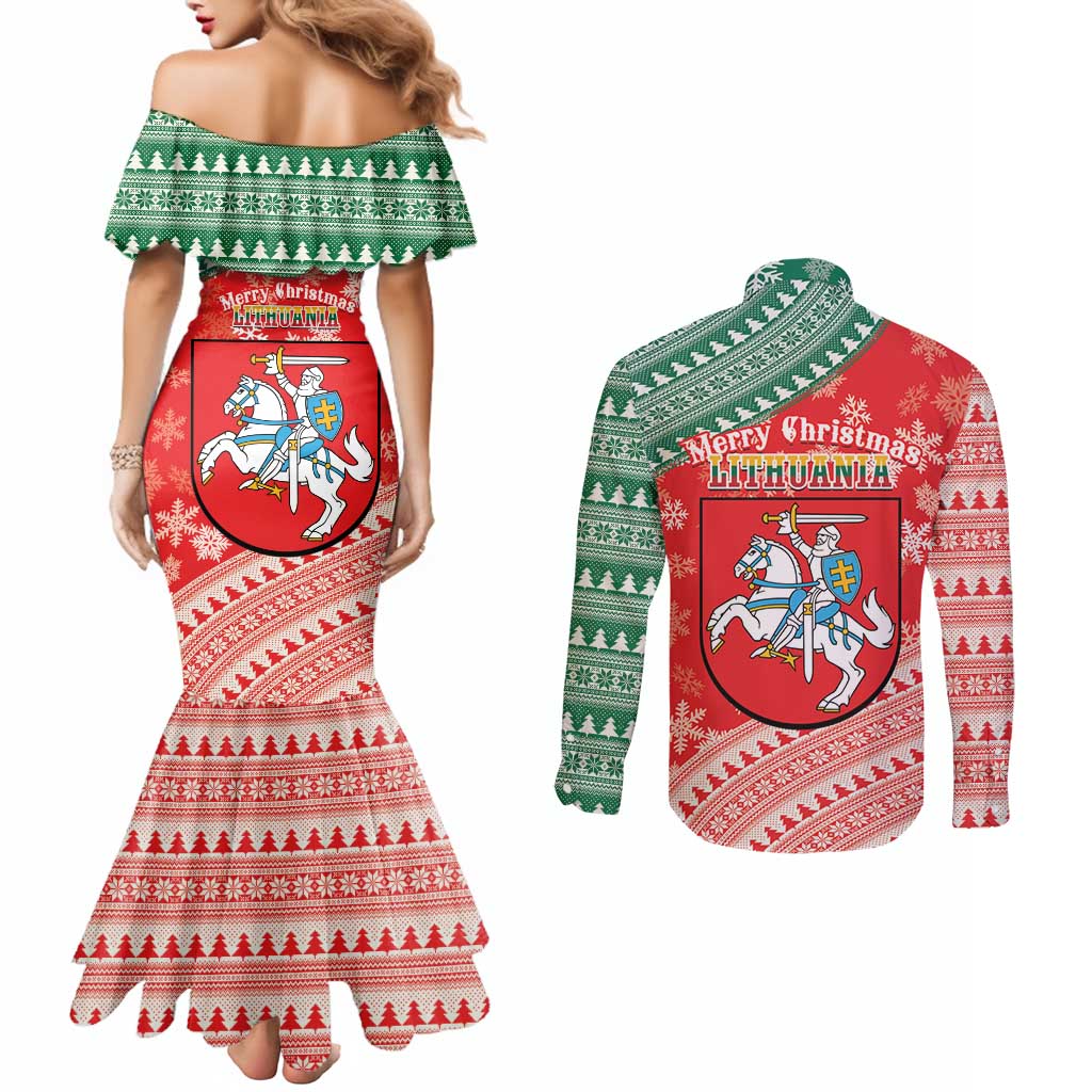 Lietuva Christmas Couples Matching Mermaid Dress and Long Sleeve Button Shirt Linksmu Kaledu - Lithuania Coat Of Arms