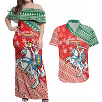 Lietuva Christmas Couples Matching Off Shoulder Maxi Dress and Hawaiian Shirt Linksmu Kaledu - Lithuania Coat Of Arms - Wonder Print Shop