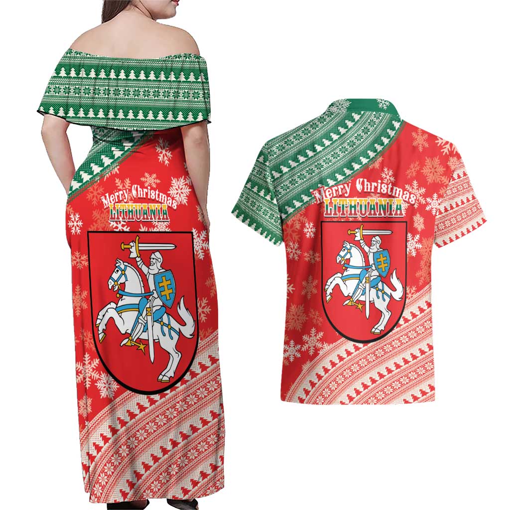 Lietuva Christmas Couples Matching Off Shoulder Maxi Dress and Hawaiian Shirt Linksmu Kaledu - Lithuania Coat Of Arms - Wonder Print Shop