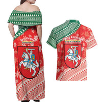 Lietuva Christmas Couples Matching Off Shoulder Maxi Dress and Hawaiian Shirt Linksmu Kaledu - Lithuania Coat Of Arms - Wonder Print Shop