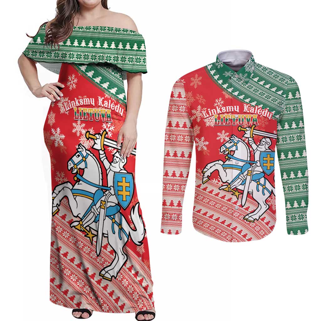 Lietuva Christmas Couples Matching Off Shoulder Maxi Dress and Long Sleeve Button Shirt Linksmu Kaledu - Lithuania Coat Of Arms - Wonder Print Shop