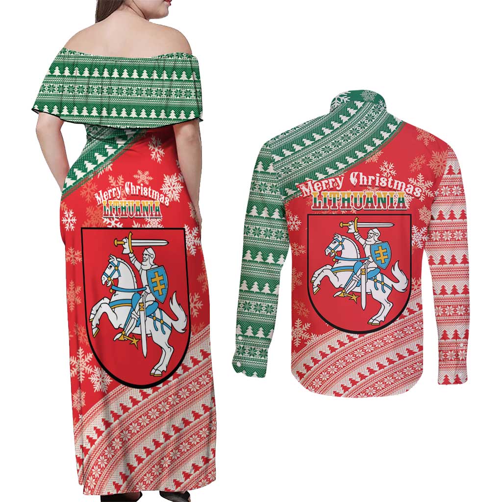 Lietuva Christmas Couples Matching Off Shoulder Maxi Dress and Long Sleeve Button Shirt Linksmu Kaledu - Lithuania Coat Of Arms - Wonder Print Shop