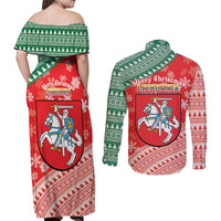 Lietuva Christmas Couples Matching Off Shoulder Maxi Dress and Long Sleeve Button Shirt Linksmu Kaledu - Lithuania Coat Of Arms - Wonder Print Shop