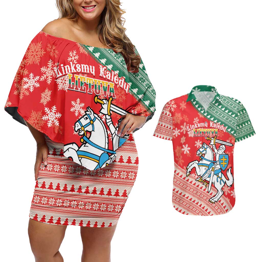 Lietuva Christmas Couples Matching Off Shoulder Short Dress and Hawaiian Shirt Linksmu Kaledu - Lithuania Coat Of Arms - Wonder Print Shop