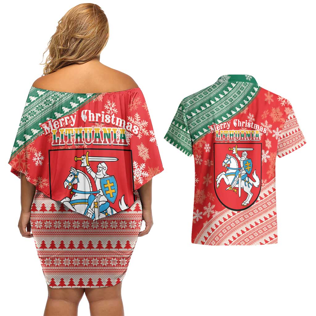 Lietuva Christmas Couples Matching Off Shoulder Short Dress and Hawaiian Shirt Linksmu Kaledu - Lithuania Coat Of Arms - Wonder Print Shop