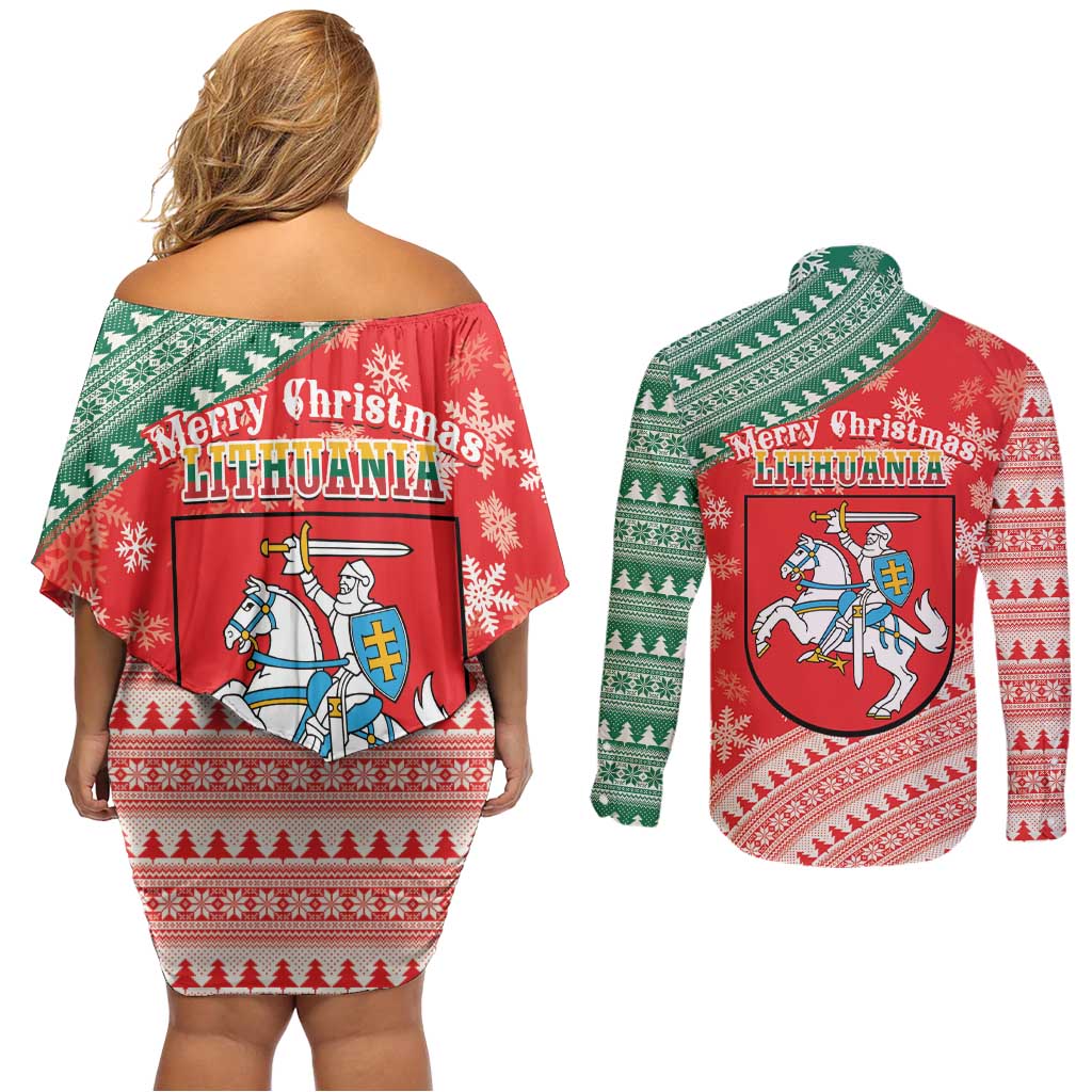 Lietuva Christmas Couples Matching Off Shoulder Short Dress and Long Sleeve Button Shirt Linksmu Kaledu - Lithuania Coat Of Arms - Wonder Print Shop