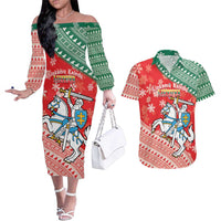 Lietuva Christmas Couples Matching Off The Shoulder Long Sleeve Dress and Hawaiian Shirt Linksmu Kaledu - Lithuania Coat Of Arms - Wonder Print Shop