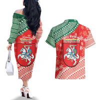 Lietuva Christmas Couples Matching Off The Shoulder Long Sleeve Dress and Hawaiian Shirt Linksmu Kaledu - Lithuania Coat Of Arms - Wonder Print Shop