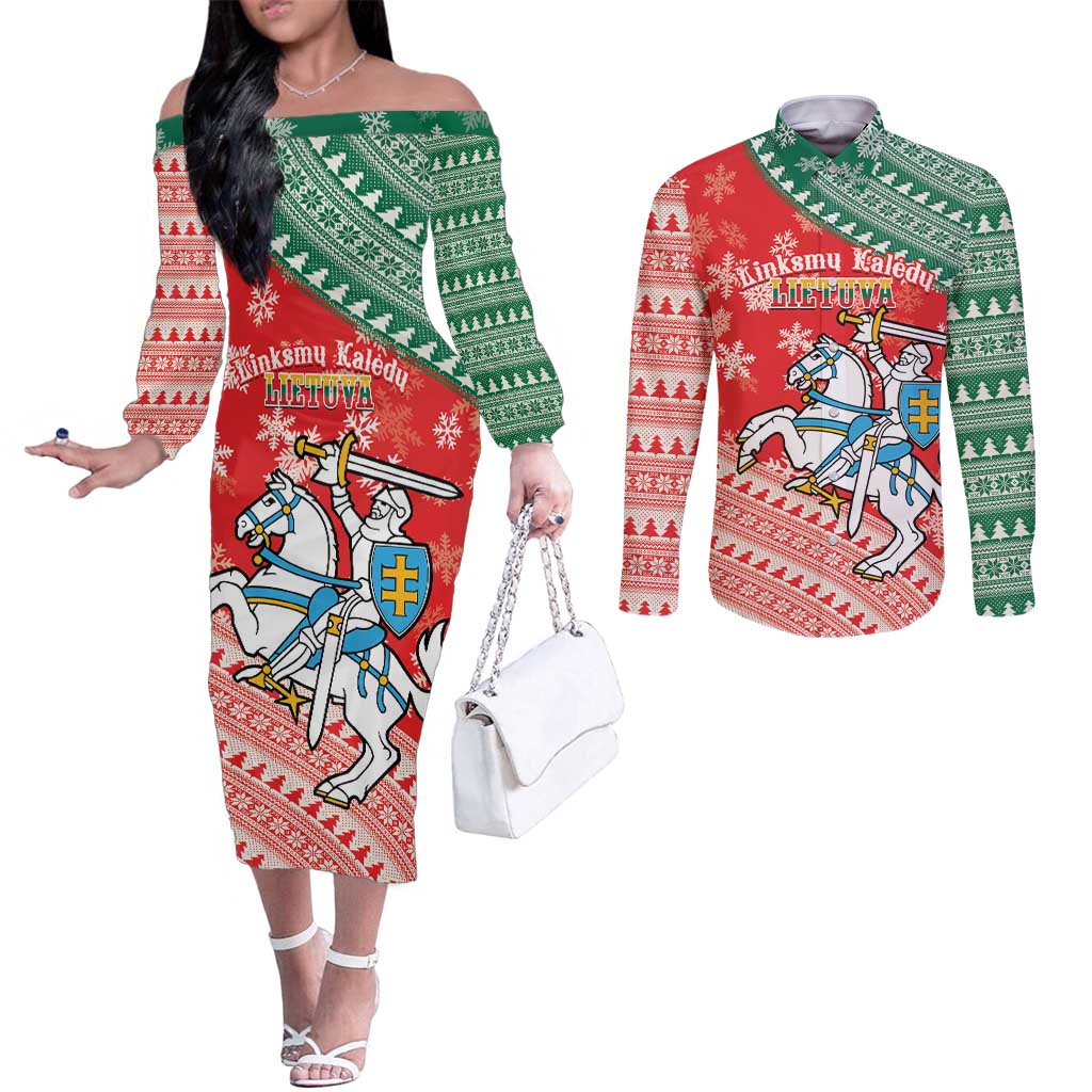 Lietuva Christmas Couples Matching Off The Shoulder Long Sleeve Dress and Long Sleeve Button Shirt Linksmu Kaledu - Lithuania Coat Of Arms