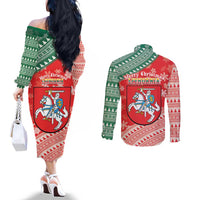 Lietuva Christmas Couples Matching Off The Shoulder Long Sleeve Dress and Long Sleeve Button Shirt Linksmu Kaledu - Lithuania Coat Of Arms