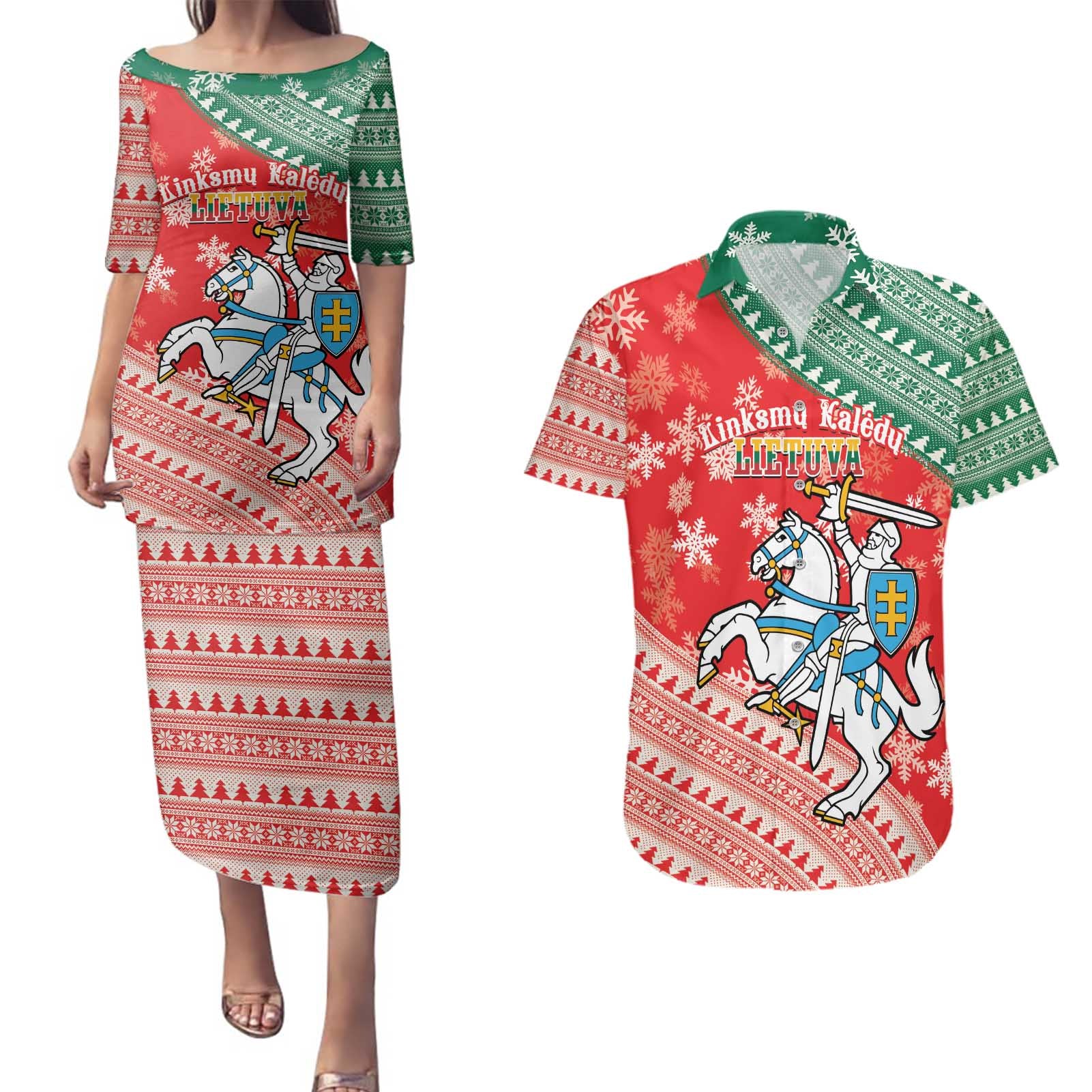 Lietuva Christmas Couples Matching Puletasi and Hawaiian Shirt Linksmu Kaledu - Lithuania Coat Of Arms - Wonder Print Shop