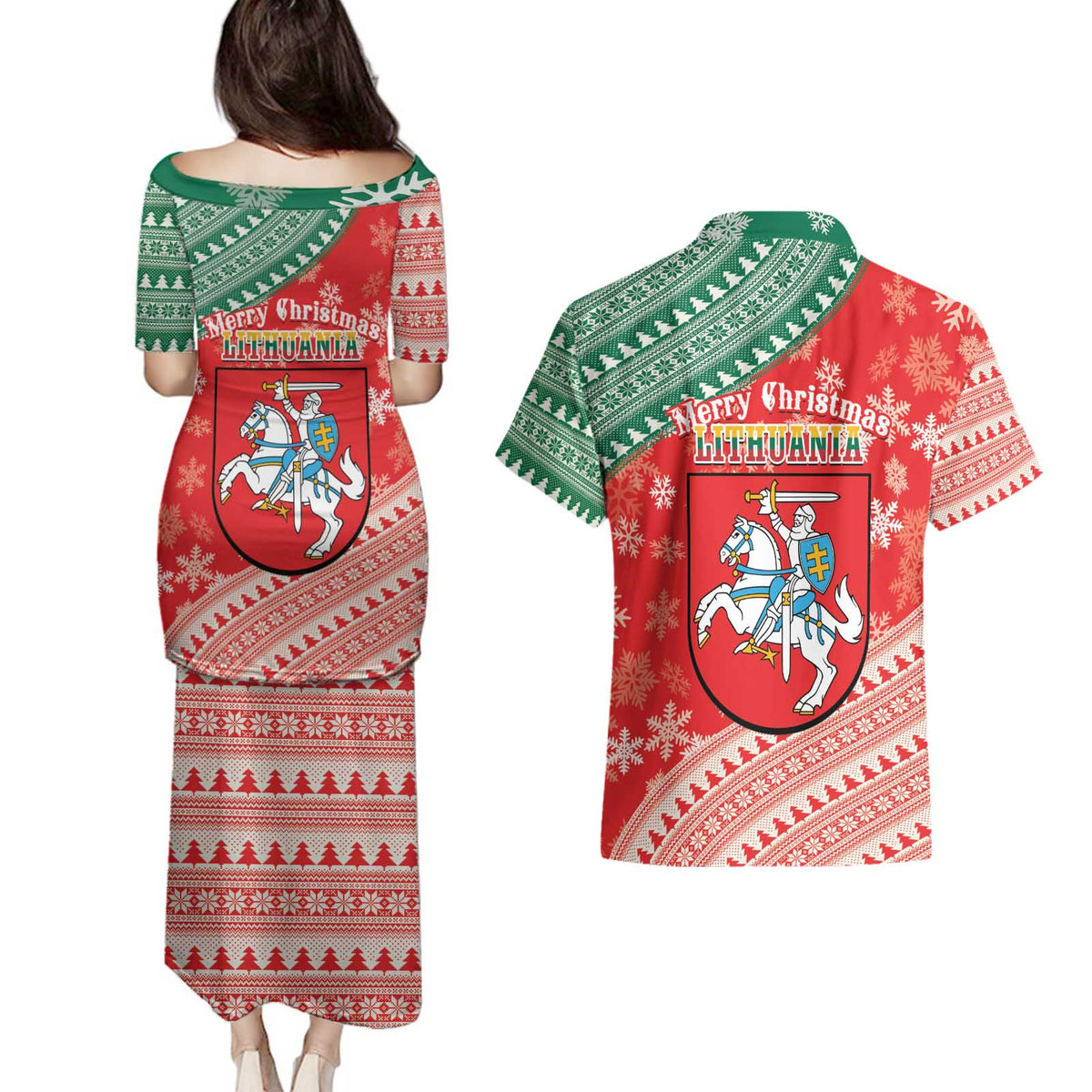 Lietuva Christmas Couples Matching Puletasi and Hawaiian Shirt Linksmu Kaledu - Lithuania Coat Of Arms - Wonder Print Shop