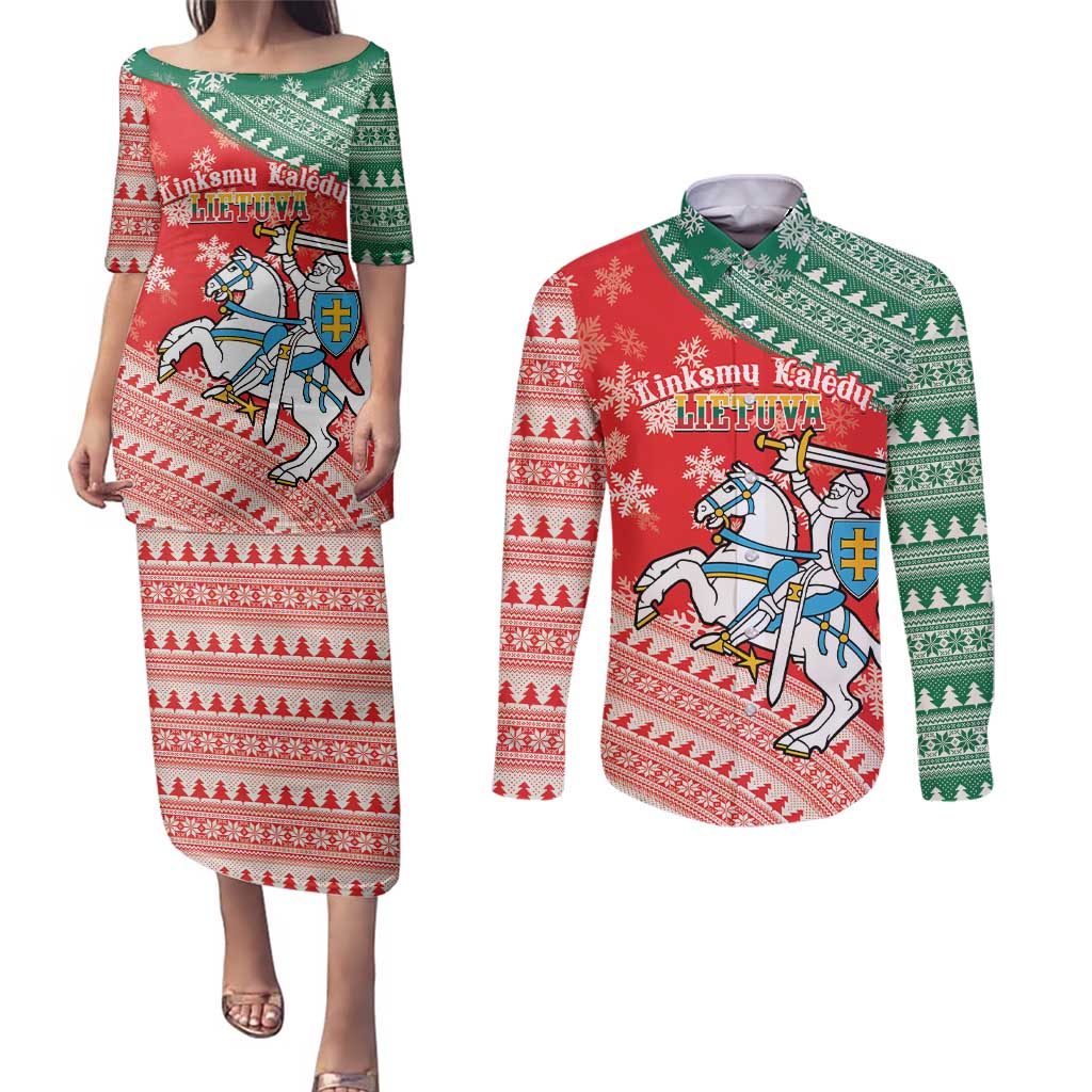 Lietuva Christmas Couples Matching Puletasi and Long Sleeve Button Shirt Linksmu Kaledu - Lithuania Coat Of Arms - Wonder Print Shop