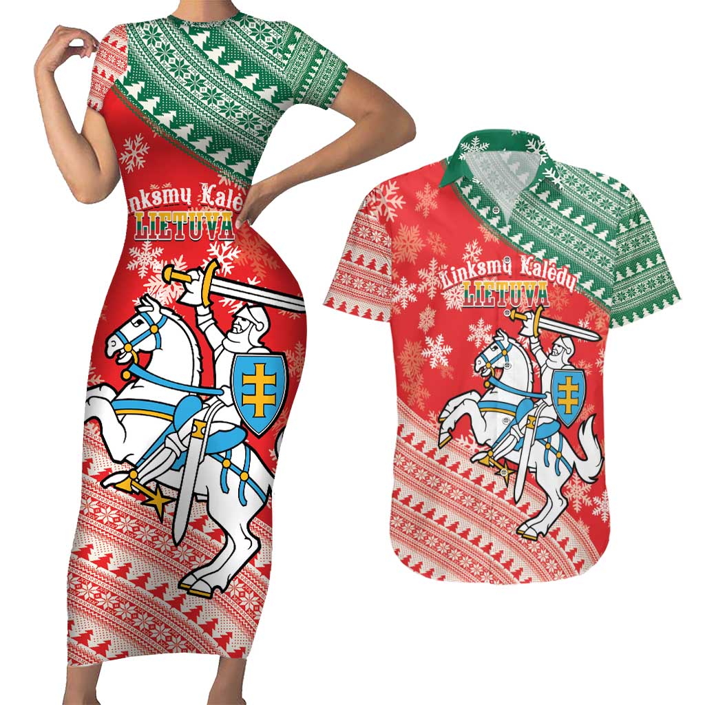 Lietuva Christmas Couples Matching Short Sleeve Bodycon Dress and Hawaiian Shirt Linksmu Kaledu - Lithuania Coat Of Arms - Wonder Print Shop