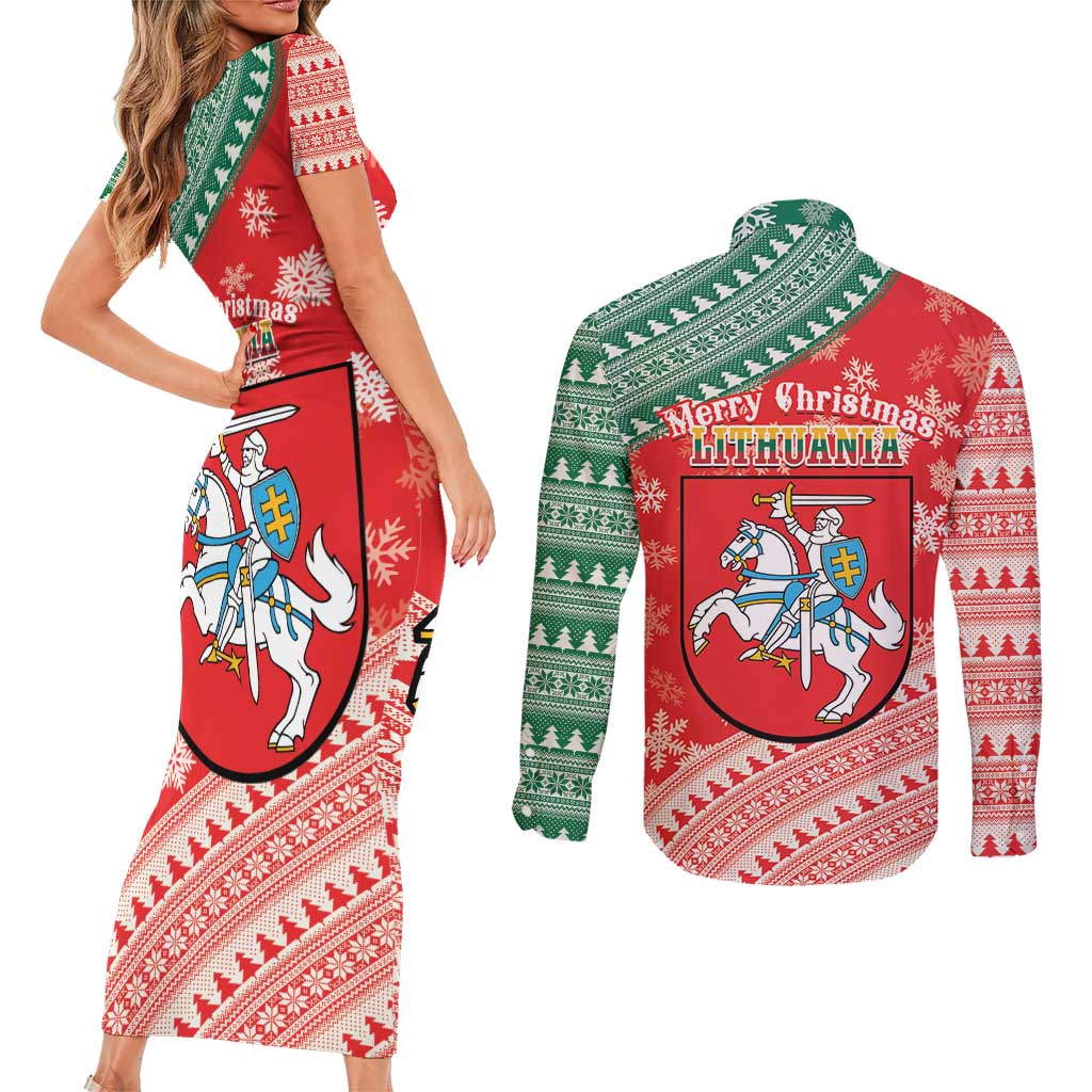 Lietuva Christmas Couples Matching Short Sleeve Bodycon Dress and Long Sleeve Button Shirt Linksmu Kaledu - Lithuania Coat Of Arms - Wonder Print Shop