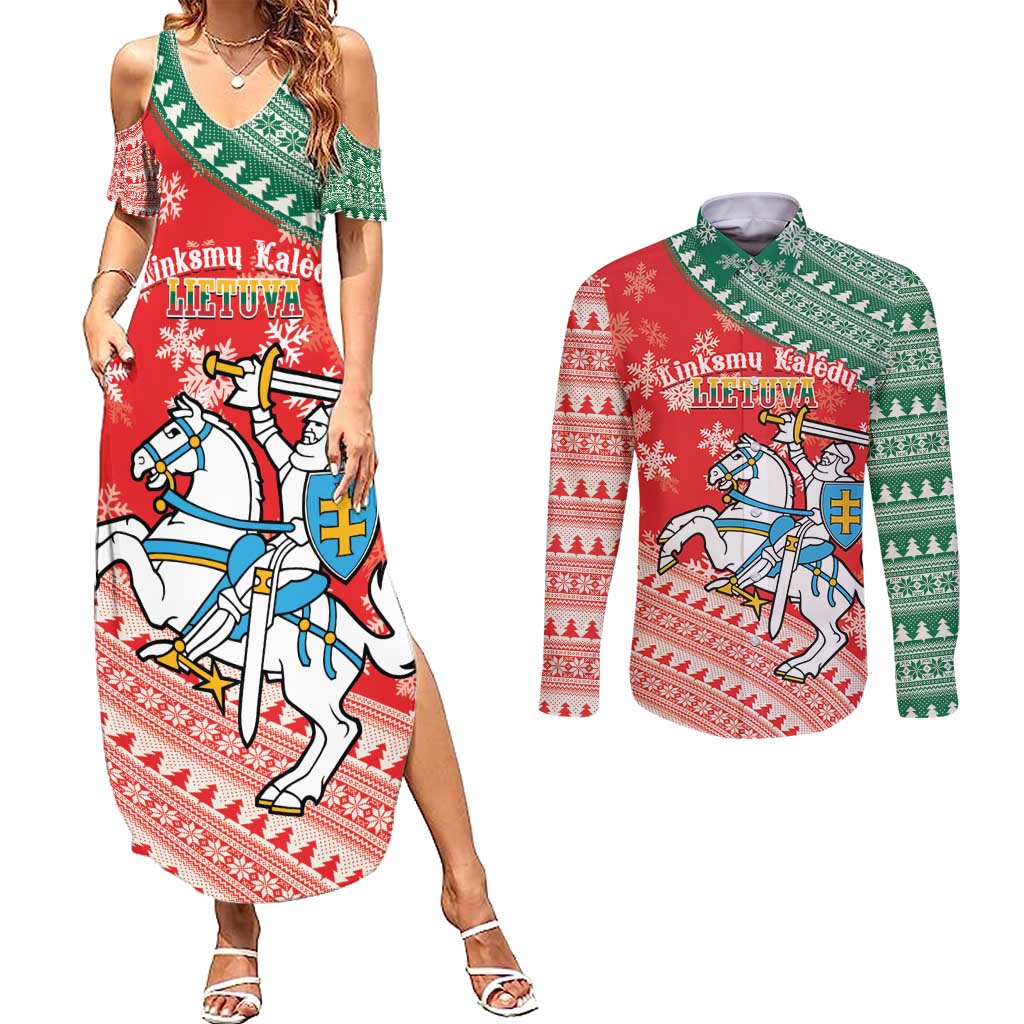 Lietuva Christmas Couples Matching Summer Maxi Dress and Long Sleeve Button Shirt Linksmu Kaledu - Lithuania Coat Of Arms - Wonder Print Shop