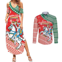 Lietuva Christmas Couples Matching Summer Maxi Dress and Long Sleeve Button Shirt Linksmu Kaledu - Lithuania Coat Of Arms - Wonder Print Shop