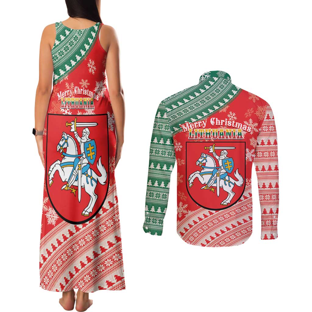 Lietuva Christmas Couples Matching Tank Maxi Dress and Long Sleeve Button Shirt Linksmu Kaledu - Lithuania Coat Of Arms - Wonder Print Shop