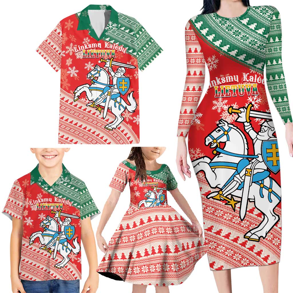 Lietuva Christmas Family Matching Long Sleeve Bodycon Dress and Hawaiian Shirt Linksmu Kaledu - Lithuania Coat Of Arms - Wonder Print Shop