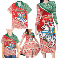Lietuva Christmas Family Matching Long Sleeve Bodycon Dress and Hawaiian Shirt Linksmu Kaledu - Lithuania Coat Of Arms - Wonder Print Shop