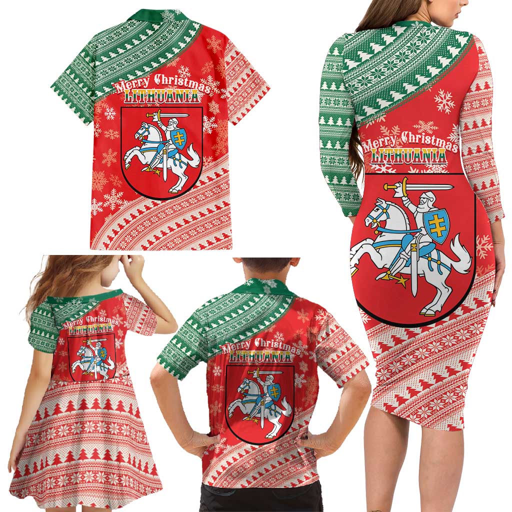 Lietuva Christmas Family Matching Long Sleeve Bodycon Dress and Hawaiian Shirt Linksmu Kaledu - Lithuania Coat Of Arms - Wonder Print Shop