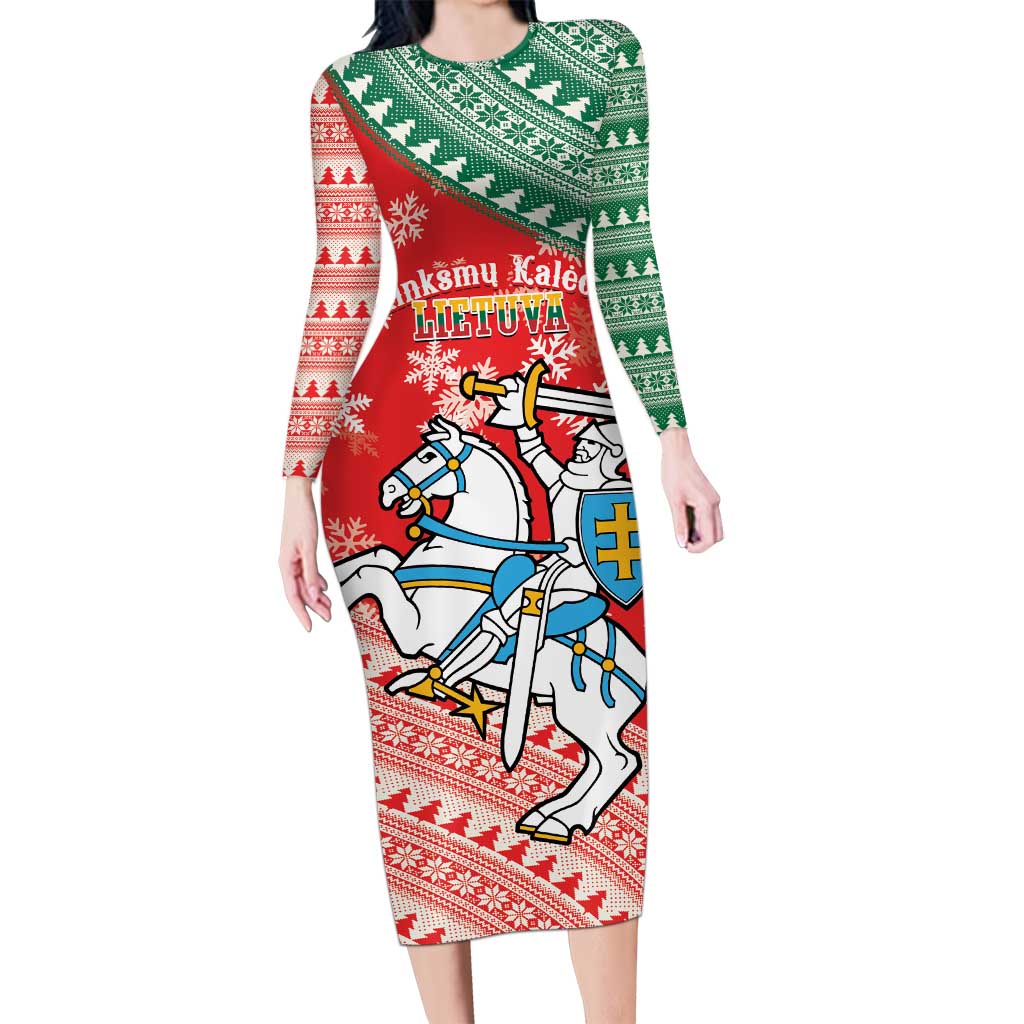 Lietuva Christmas Family Matching Long Sleeve Bodycon Dress and Hawaiian Shirt Linksmu Kaledu - Lithuania Coat Of Arms - Wonder Print Shop