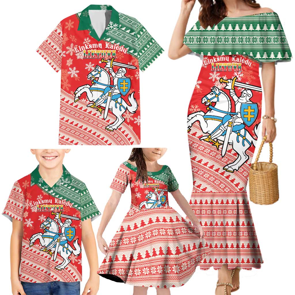Lietuva Christmas Family Matching Mermaid Dress and Hawaiian Shirt Linksmu Kaledu - Lithuania Coat Of Arms - Wonder Print Shop