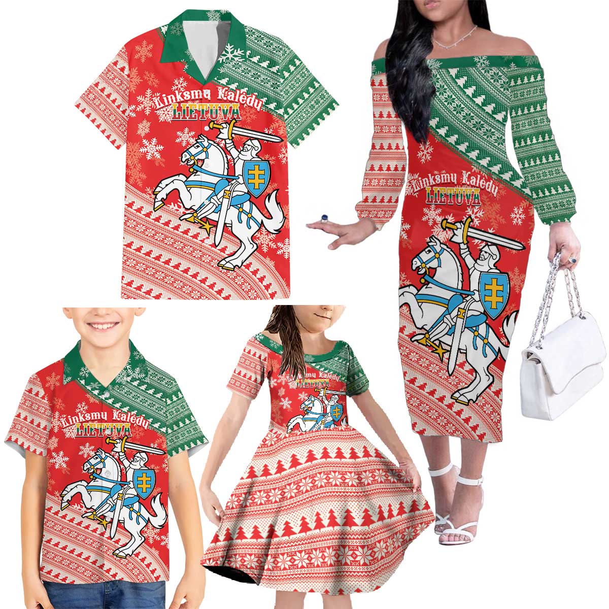 Lietuva Christmas Family Matching Off The Shoulder Long Sleeve Dress and Hawaiian Shirt Linksmu Kaledu - Lithuania Coat Of Arms - Wonder Print Shop