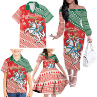 Lietuva Christmas Family Matching Off The Shoulder Long Sleeve Dress and Hawaiian Shirt Linksmu Kaledu - Lithuania Coat Of Arms - Wonder Print Shop