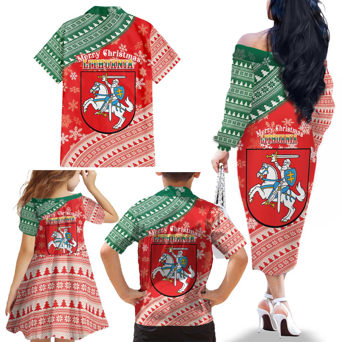 Lietuva Christmas Family Matching Off The Shoulder Long Sleeve Dress and Hawaiian Shirt Linksmu Kaledu - Lithuania Coat Of Arms - Wonder Print Shop