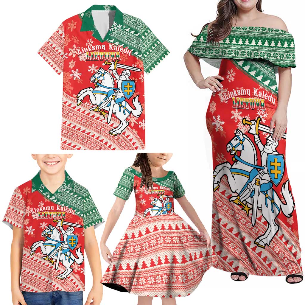 Lietuva Christmas Family Matching Off Shoulder Maxi Dress and Hawaiian Shirt Linksmu Kaledu - Lithuania Coat Of Arms - Wonder Print Shop