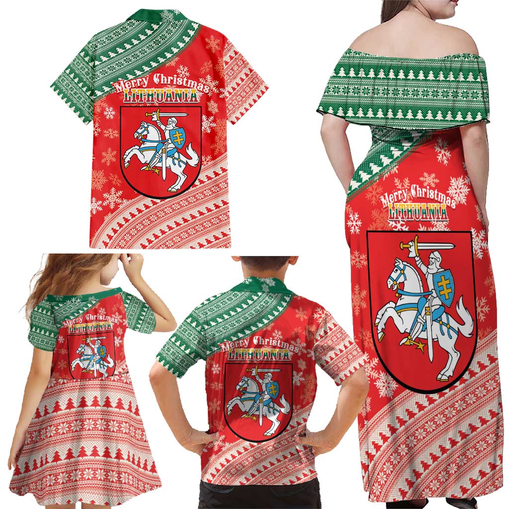 Lietuva Christmas Family Matching Off Shoulder Maxi Dress and Hawaiian Shirt Linksmu Kaledu - Lithuania Coat Of Arms - Wonder Print Shop