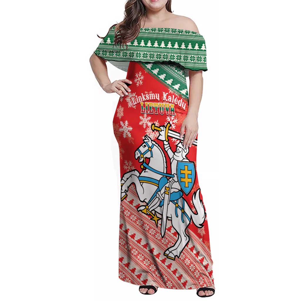 Lietuva Christmas Family Matching Off Shoulder Maxi Dress and Hawaiian Shirt Linksmu Kaledu - Lithuania Coat Of Arms - Wonder Print Shop