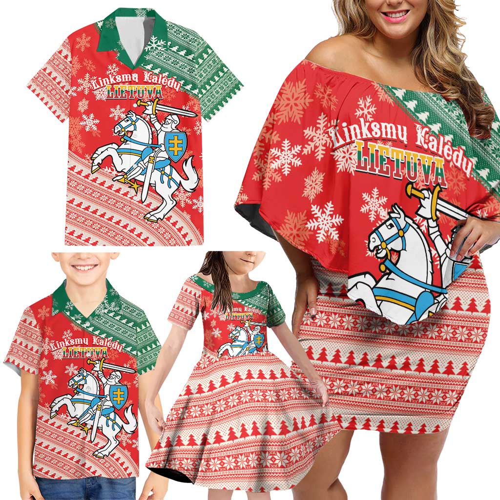 Lietuva Christmas Family Matching Off Shoulder Short Dress and Hawaiian Shirt Linksmu Kaledu - Lithuania Coat Of Arms - Wonder Print Shop