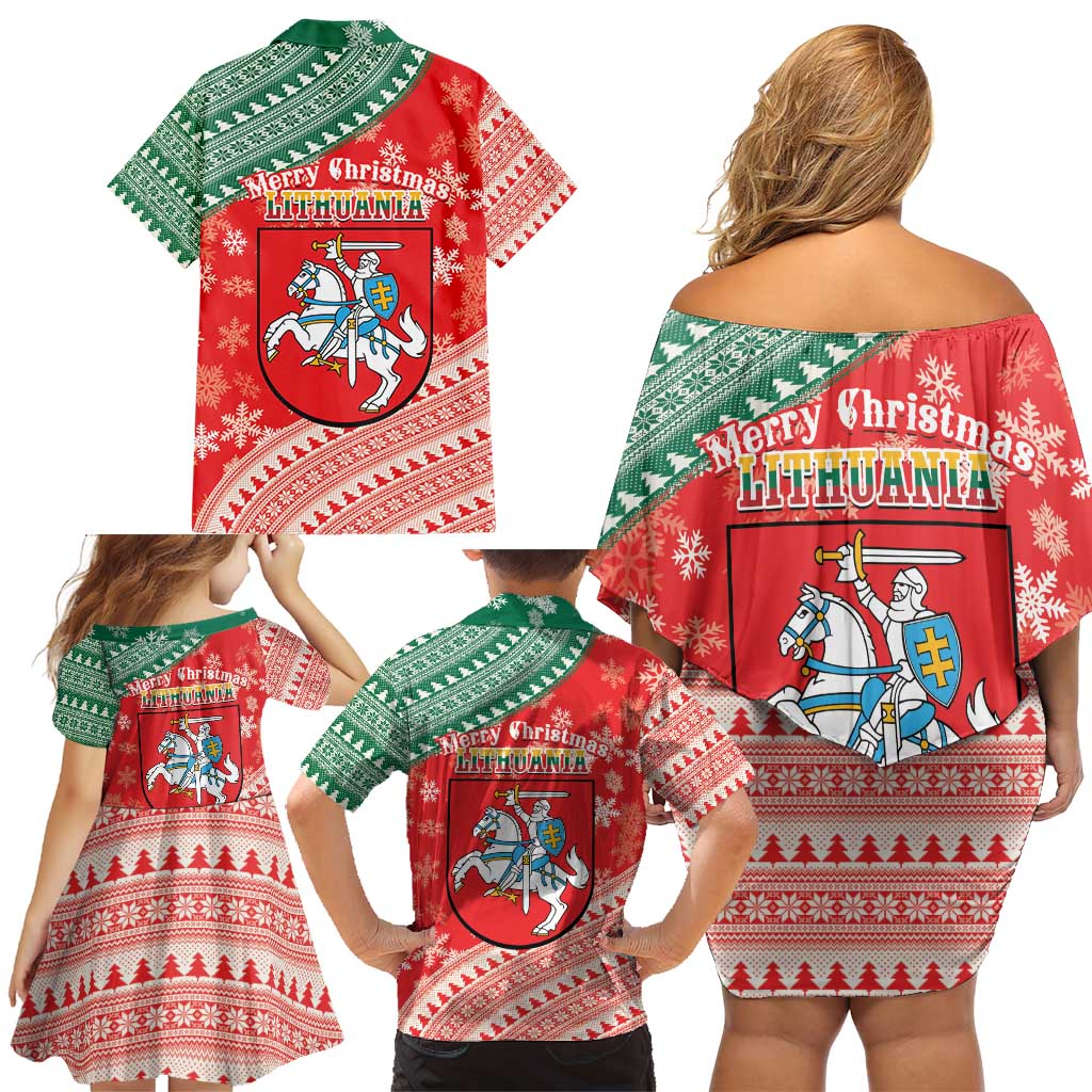 Lietuva Christmas Family Matching Off Shoulder Short Dress and Hawaiian Shirt Linksmu Kaledu - Lithuania Coat Of Arms - Wonder Print Shop