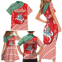 Lietuva Christmas Family Matching Short Sleeve Bodycon Dress and Hawaiian Shirt Linksmu Kaledu - Lithuania Coat Of Arms - Wonder Print Shop