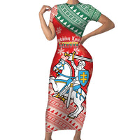 Lietuva Christmas Family Matching Short Sleeve Bodycon Dress and Hawaiian Shirt Linksmu Kaledu - Lithuania Coat Of Arms - Wonder Print Shop
