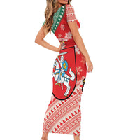 Lietuva Christmas Family Matching Short Sleeve Bodycon Dress and Hawaiian Shirt Linksmu Kaledu - Lithuania Coat Of Arms - Wonder Print Shop