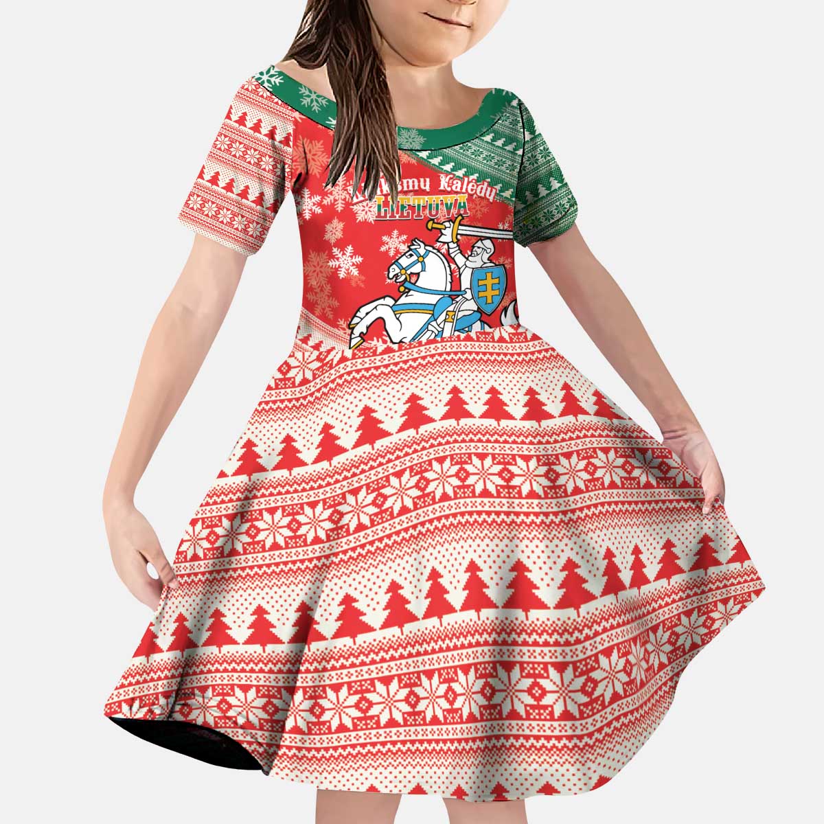 Lietuva Christmas Kid Short Sleeve Dress Linksmu Kaledu - Lithuania Coat Of Arms - Wonder Print Shop