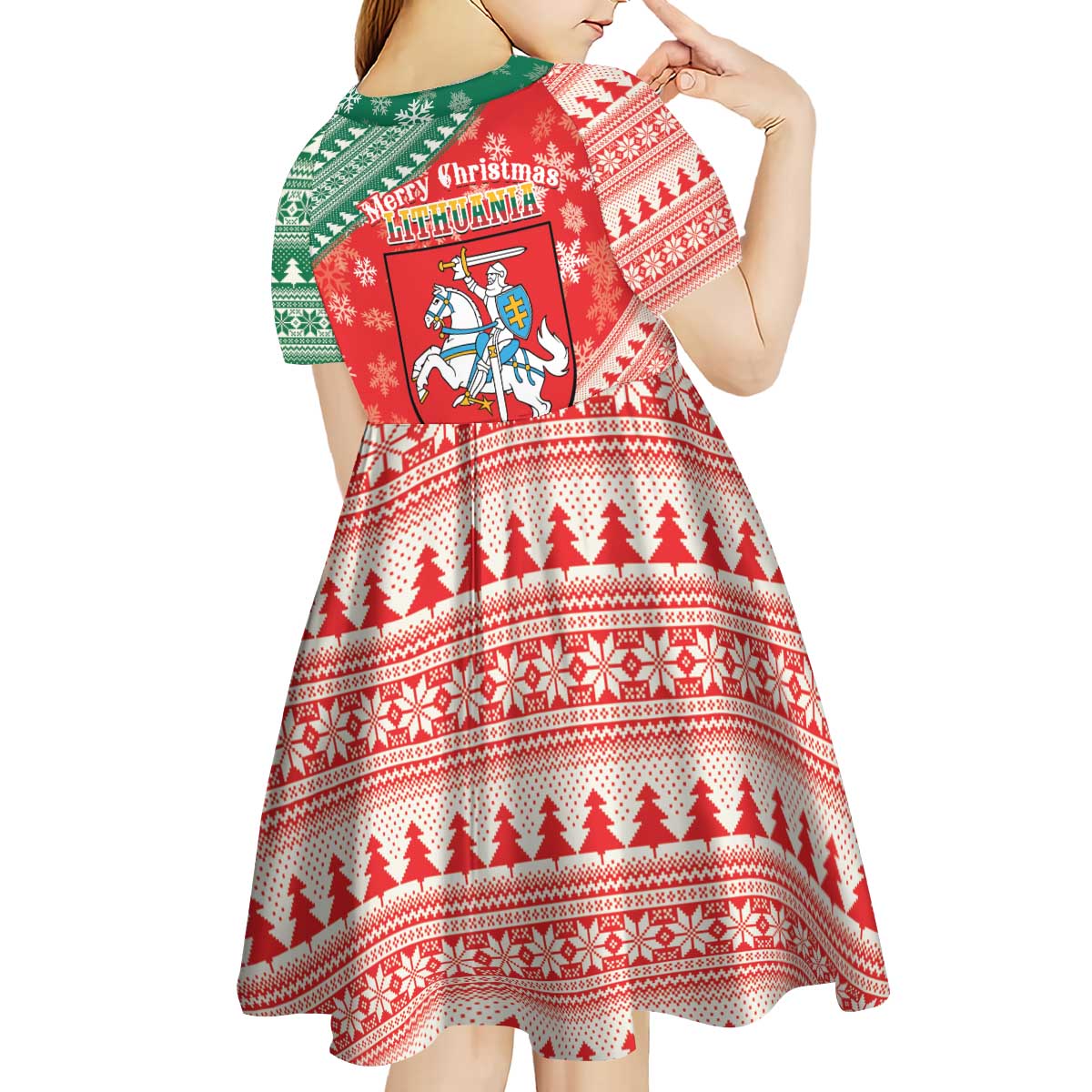 Lietuva Christmas Kid Short Sleeve Dress Linksmu Kaledu - Lithuania Coat Of Arms - Wonder Print Shop