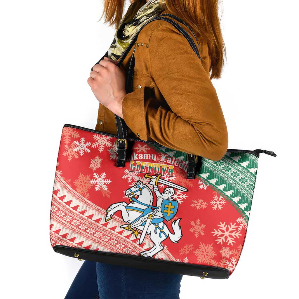 Lietuva Christmas Leather Tote Bag Linksmu Kaledu - Lithuania Coat Of Arms - Wonder Print Shop