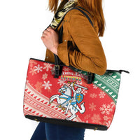 Lietuva Christmas Leather Tote Bag Linksmu Kaledu - Lithuania Coat Of Arms - Wonder Print Shop