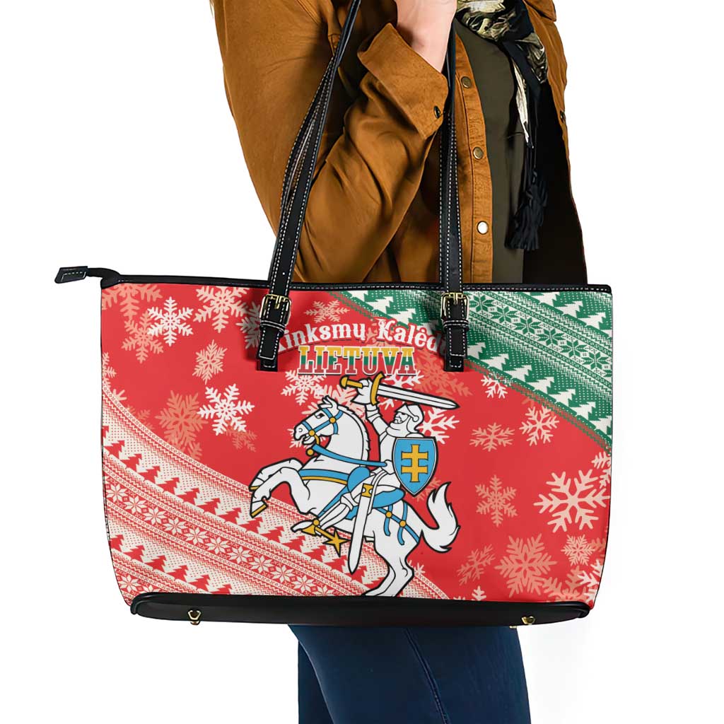 Lietuva Christmas Leather Tote Bag Linksmu Kaledu - Lithuania Coat Of Arms - Wonder Print Shop