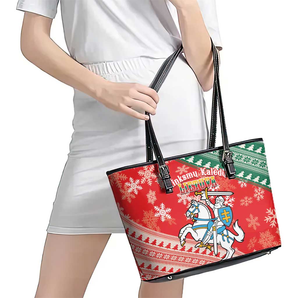 Lietuva Christmas Leather Tote Bag Linksmu Kaledu - Lithuania Coat Of Arms - Wonder Print Shop