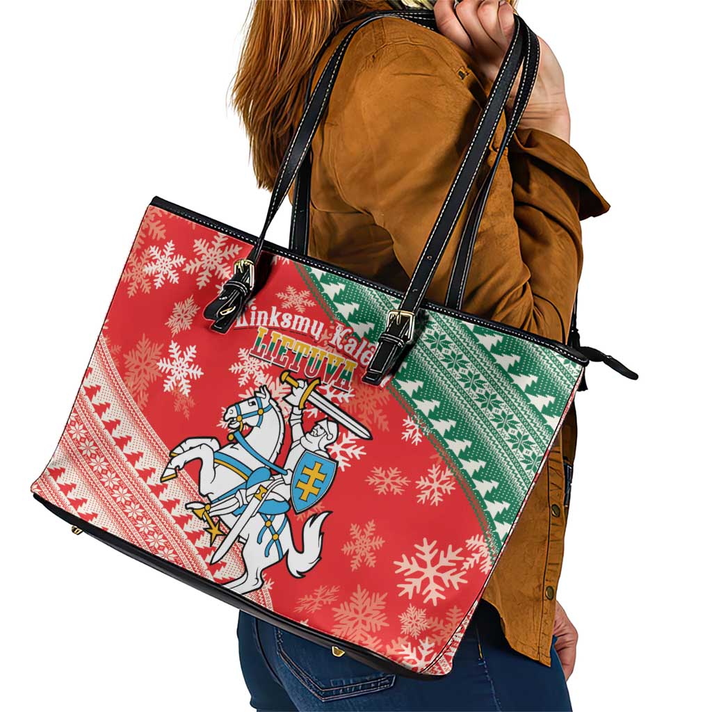 Lietuva Christmas Leather Tote Bag Linksmu Kaledu - Lithuania Coat Of Arms - Wonder Print Shop